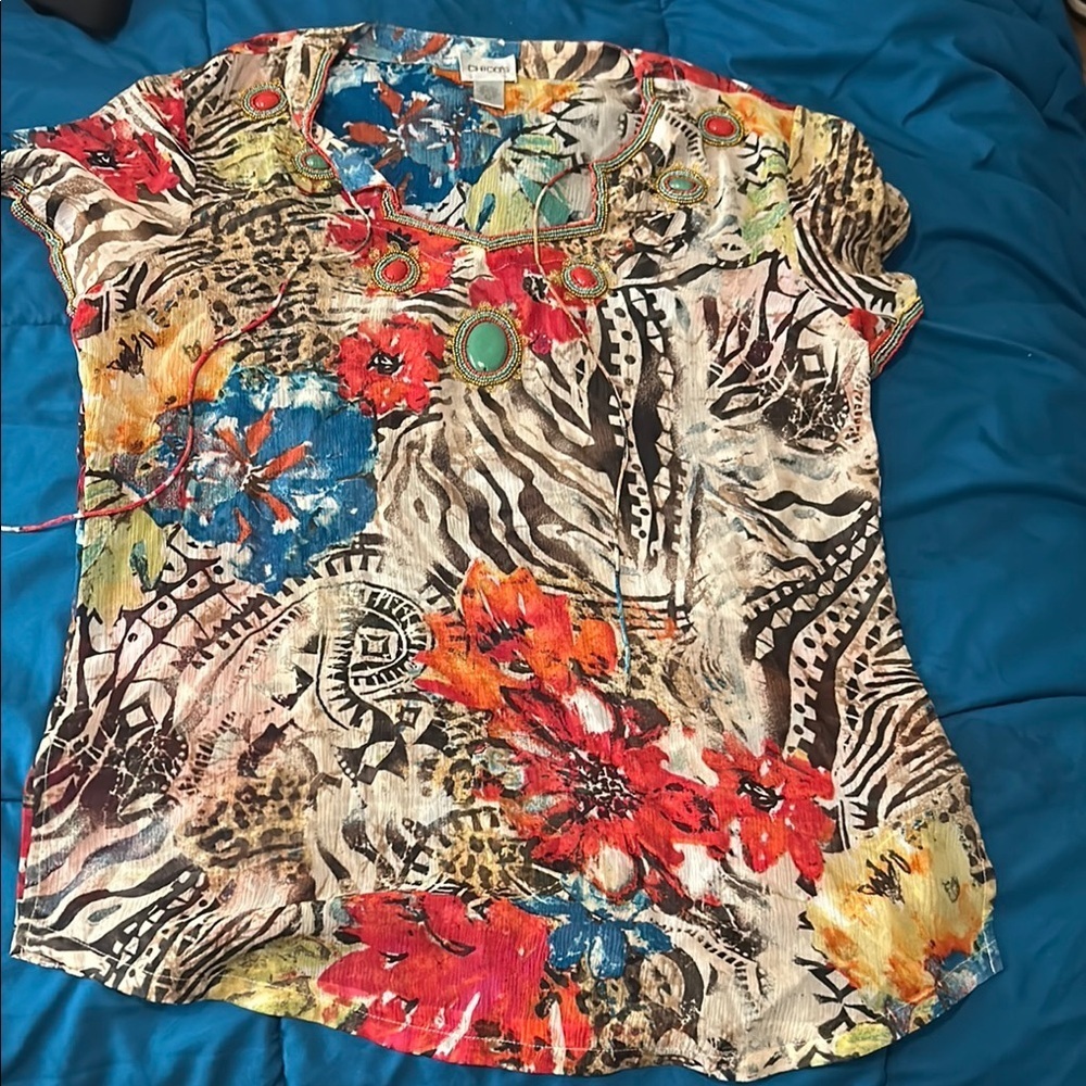 Chico's Vibrant Red and Blue Tropical Blouse